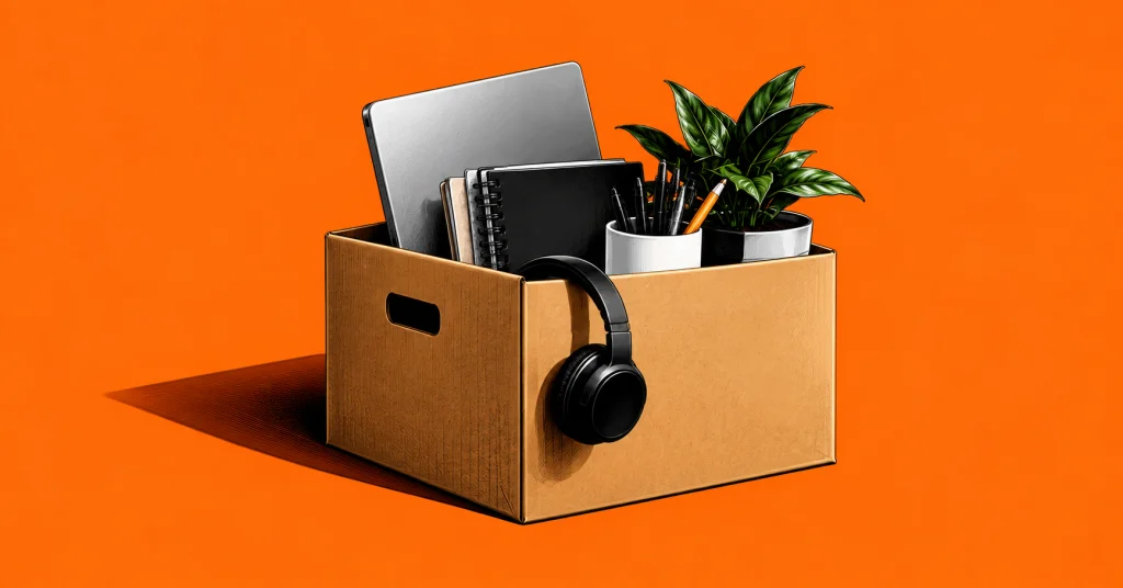 Cardboard box containing laptop, notebooks, headphones and office plant against a bright orange background