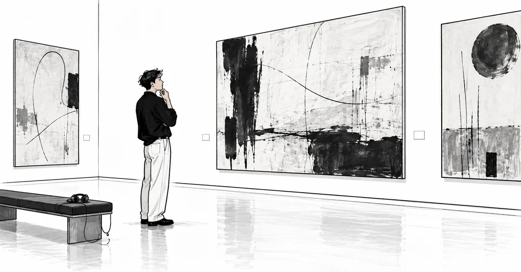 A visitor stands in a quiet gallery studying large black-and-white abstract paintings, with headphones resting on a bench nearby.