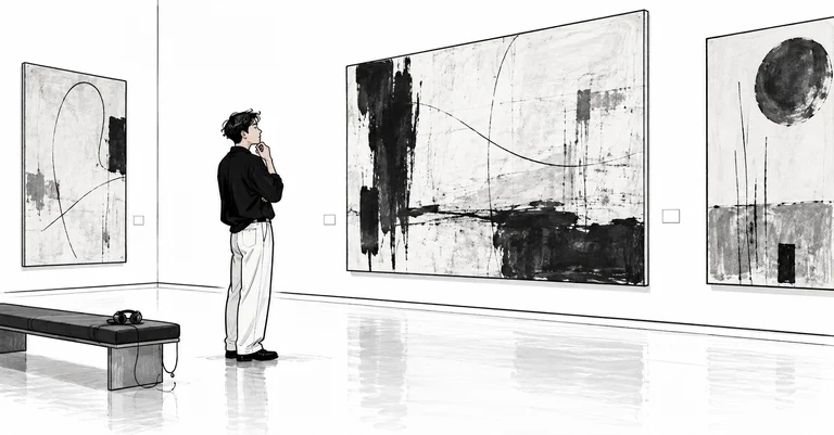 A visitor stands in a quiet gallery studying large black-and-white abstract paintings, with headphones resting on a bench nearby.