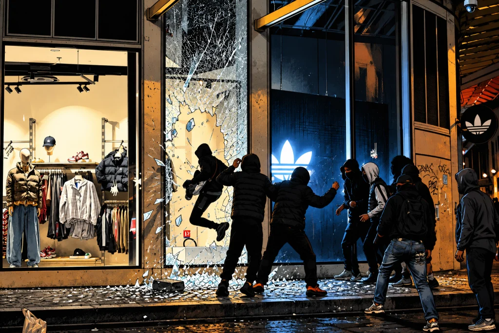 Masked rioters break into an Adidas store in Paris as unrest spreads.