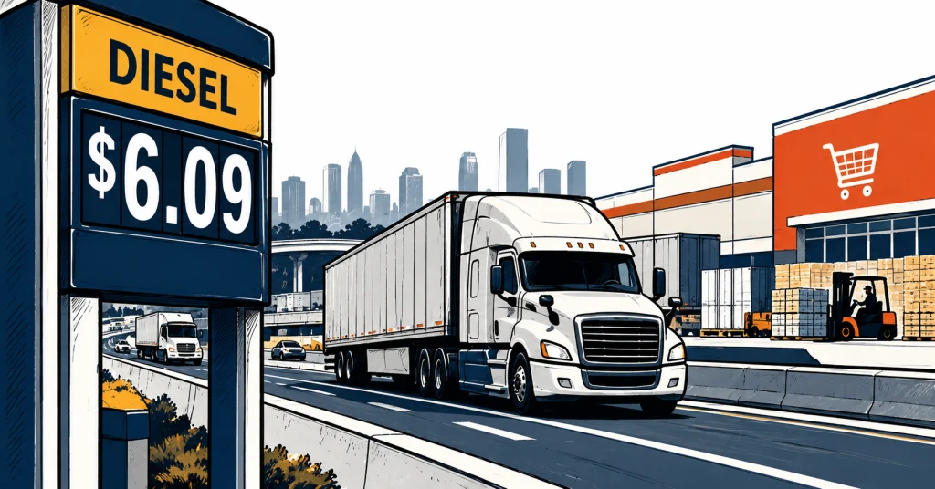 Illustration of a diesel price sign beside a freight truck traveling past a retail distribution center.