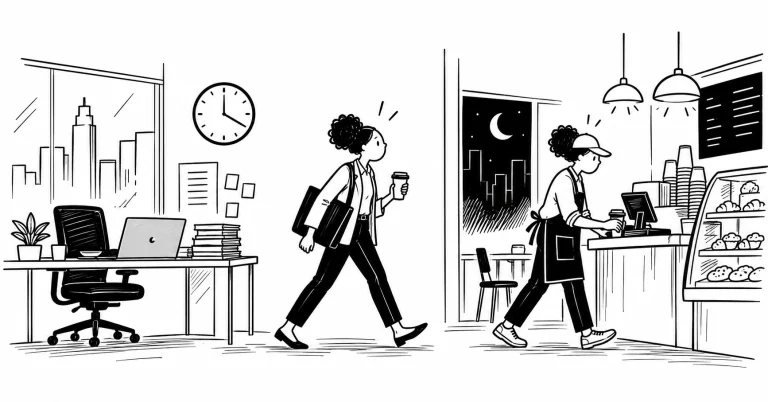 Black-and-white editorial illustration of the demands of working two jobs
