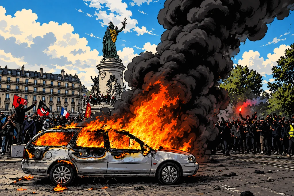 A car burns near Place de la République as crowds gather in Paris.