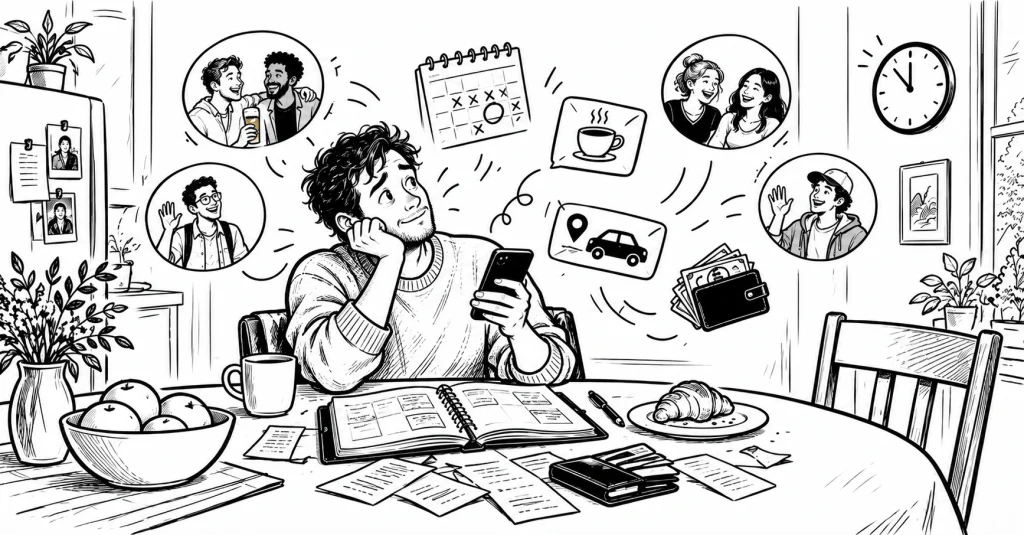 Black-and-white editorial illustration about coordinating friendship and weekend plans
