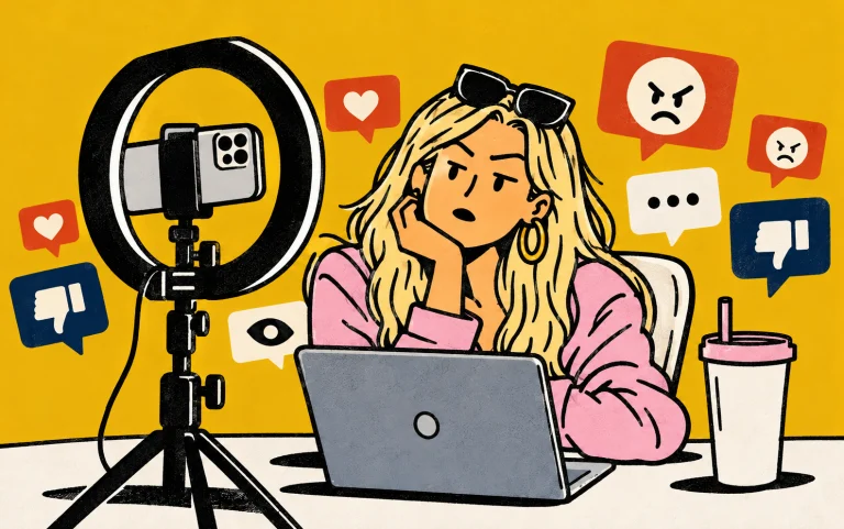 Editorial illustration of a blonde livestream creator seated at a laptop with a ring light and social media reaction icons