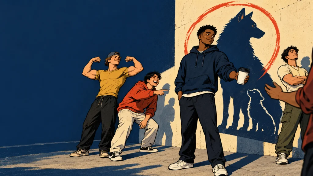 Illustration of young men posturing against a wall while a calm young man in a navy hoodie offers a coffee; his shadow is a wolf standing over a pup, circled in red.